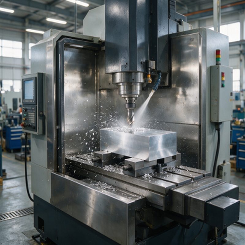 CNC milling machine producing a precision metal part